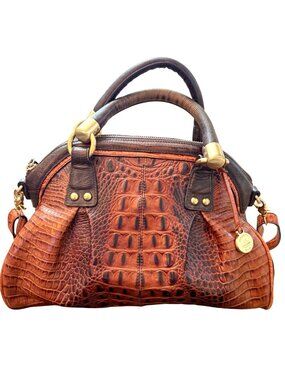 Brahmin Women's Satchel Bag Crocodile Embossed Leather Luxury Pecan Domed Lisa